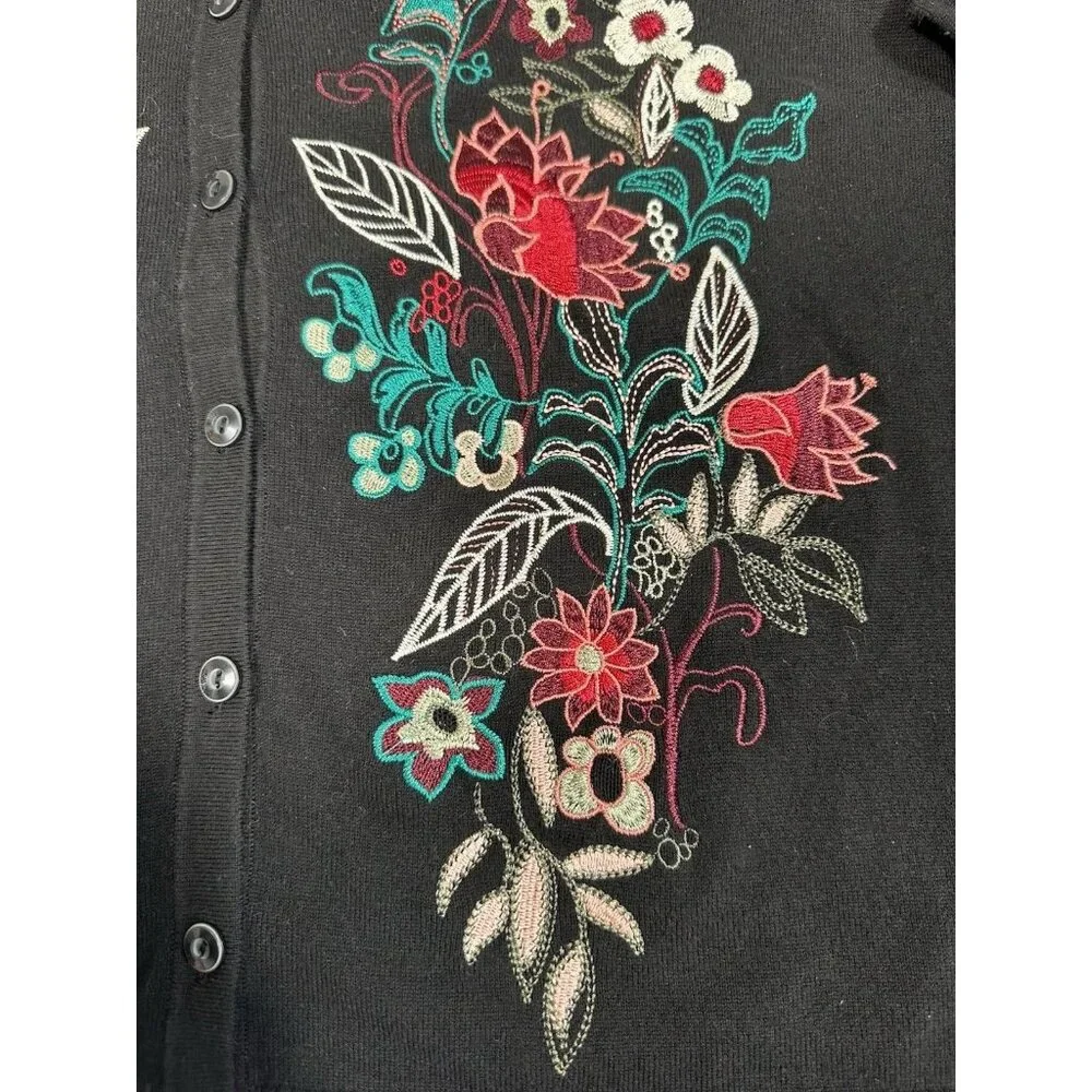 CJ Banks Sweater Womens X Black Cardigan Embroidered Floral 3/4 Sleeve‎